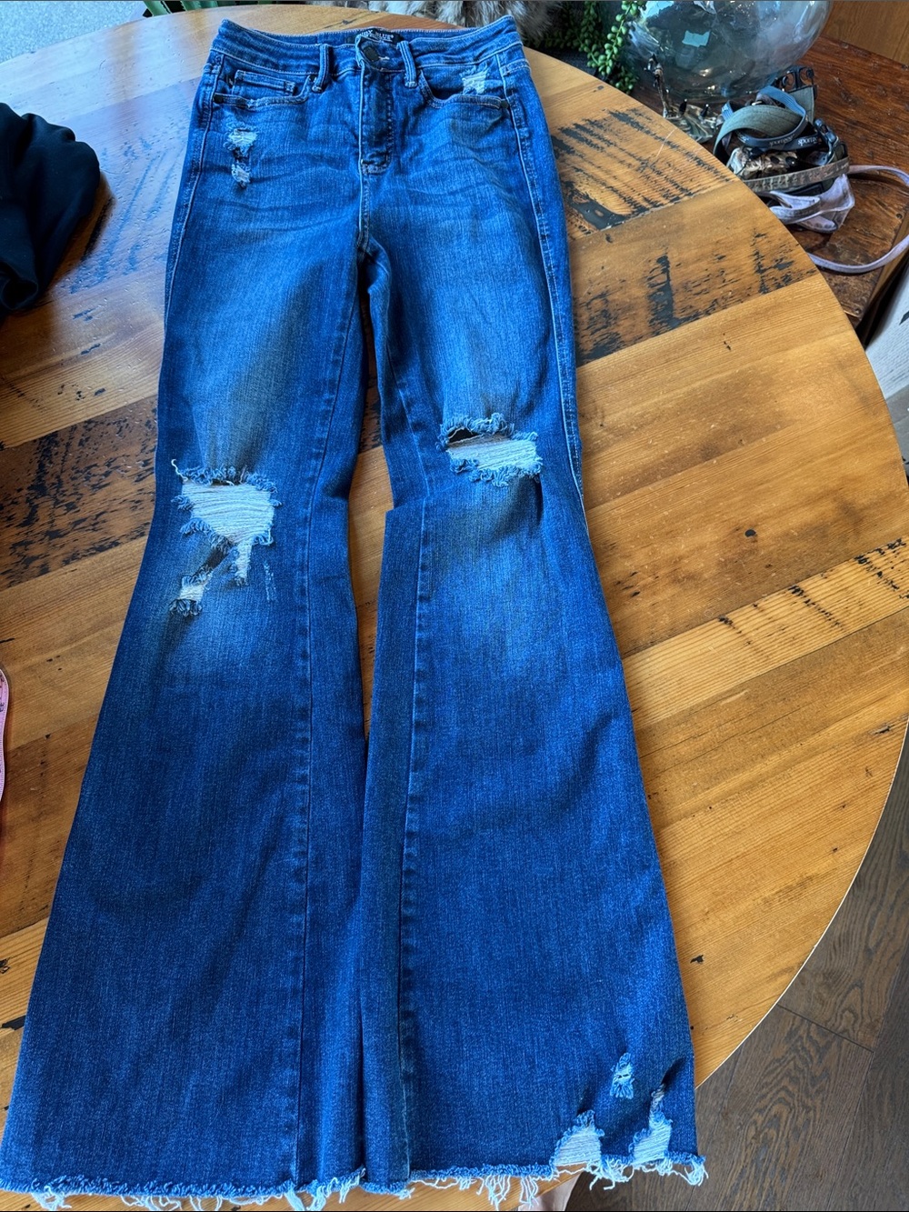 Judy Blue Medium/Dark Blue Distressed Flare Jeans 3/26 like new!